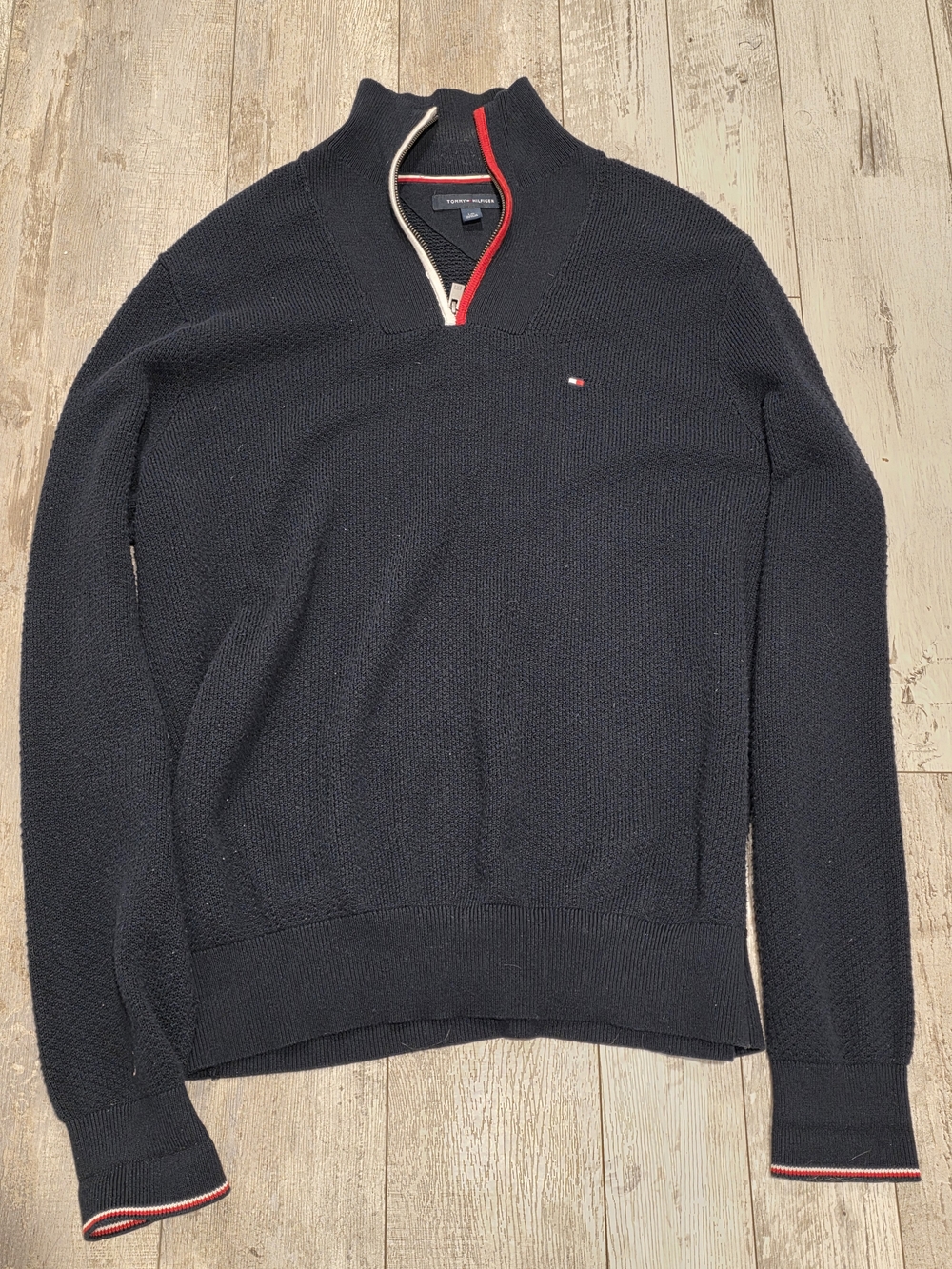 (L) Mens Tommy Hilfiger Preppy Textured Sweater Quarter Zip Dark Blue Cotton